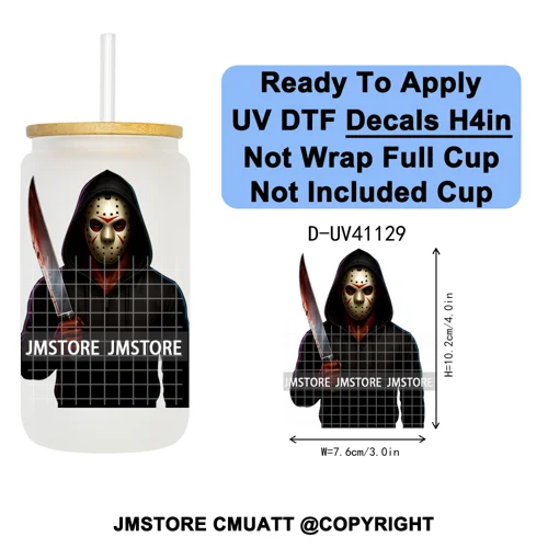 Black Horror Dad Halloween Spooky Daddy UV DTF Decals Ready To Apply Waterproof Transfer Stickers For 16OZ Libbey Glass Can Cups