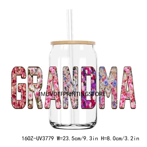 Flower Family Mama Nana UV DTF Sticker For 16OZ Libbey Glass Cup Can Wrap Transfer Sticker Custom Labels DIY Logo Dogmom