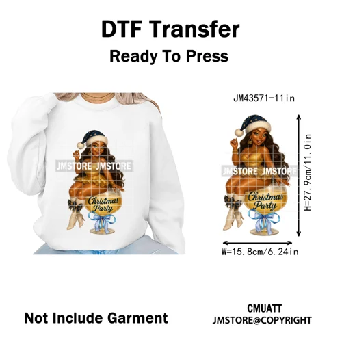 Wine Christmas Black Girls Santa Cheer Winter Holiday Party Iron on Washable DTF Transfers Stickers Ready to Press for Textiles