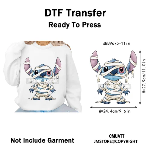 Spooky Scary Cute Cartoon Blue Animal Halloween Horror Vibes Iron on DTF Washable Transfers Stickers Ready to Press for Clothing
