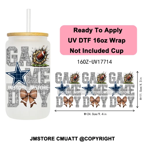 Faux Glitter American Football Game Day UV DTF Cup Wrap Ready To Apply Transfer Stickers 16OZ Tumbler Wraps For Libbey Glass Can