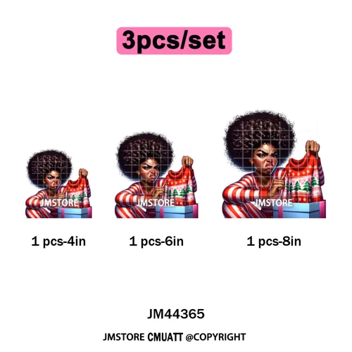 Funny Xmas Afro Glam Girly Gifts Holly Christmas Light Iron on Washable DTF Heat Transfers Stickers Ready to Press for Clothes