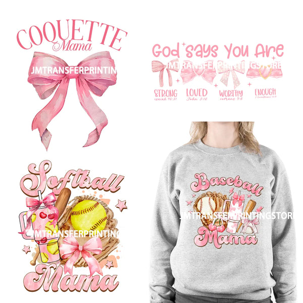 New Baseball Softball Sport Coquettee Mama Decals Pink Ribbon Bow Stanley Tumbler Iron On DTF Transfer Stickers For Sweatshirt