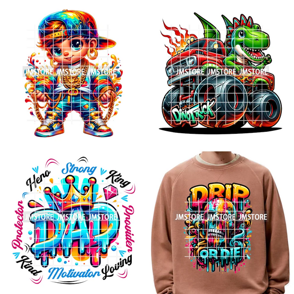 12in Dino Trucks Drip Or Die Skull Beats Graffiti Streetwear Man Design Iron on DTF Transfer Stickers Ready to Press for Clothes