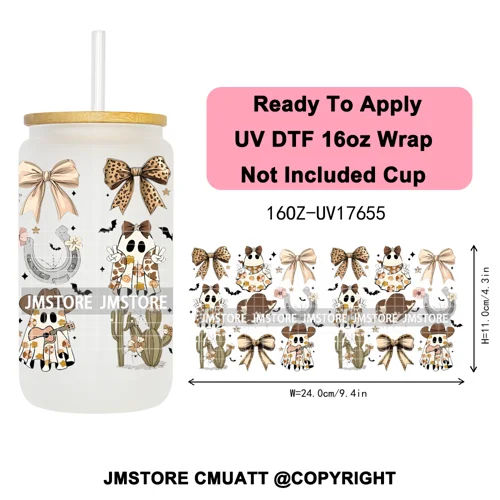 Halloween Fall Autumn Pumpkins Coquette Leopard Bow UV DTF Cup Wrap 16OZ Ready To Apply Transfer Stickers For Libbey Glass Can