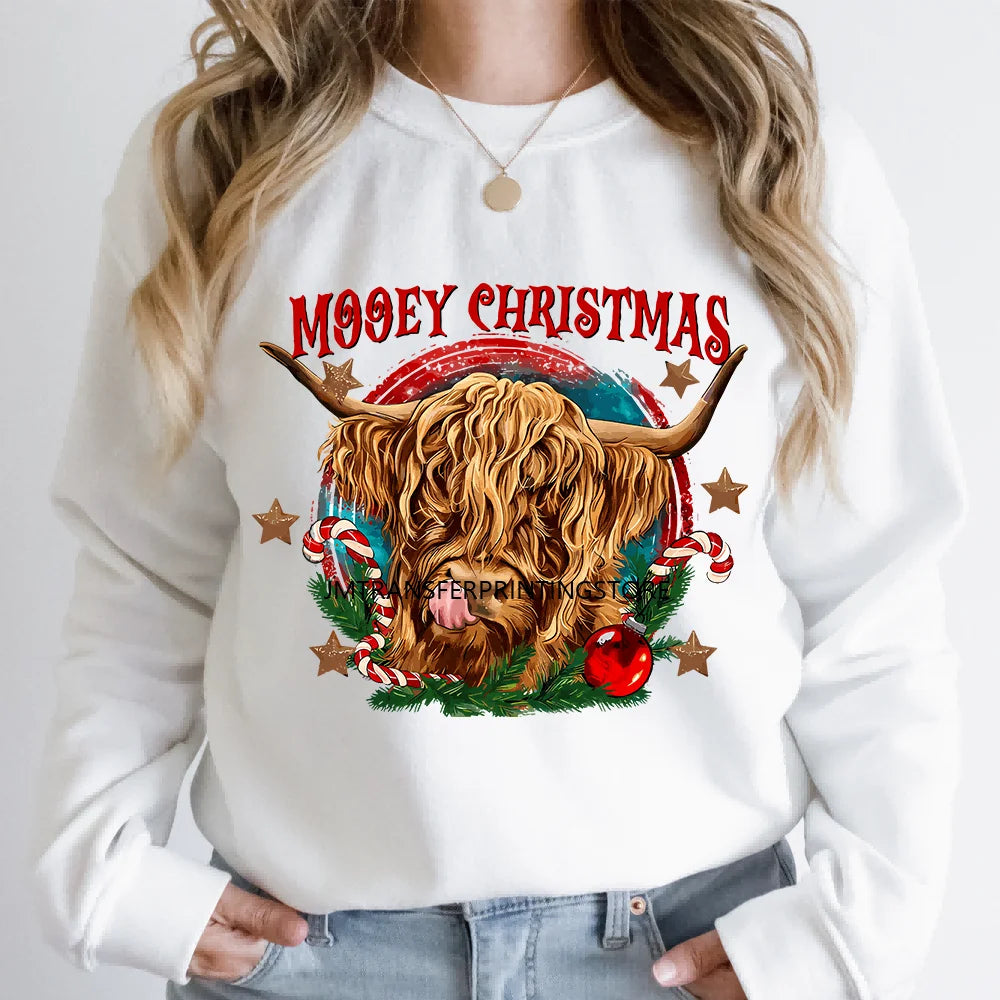 Retro Mooey Howdy Christmas Highland Cow Western Jingle Horse DTF Sticker Sorta Scary Sorta Merry Transfer Printing For Clothes