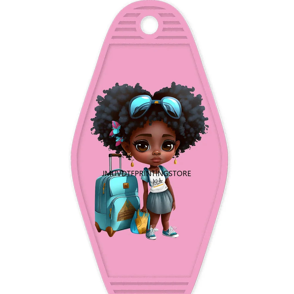 School Melanin Black Girls With Luggage High Quality WaterProof UV DTF Sticker For Motel Hotel Keychain Afro Children