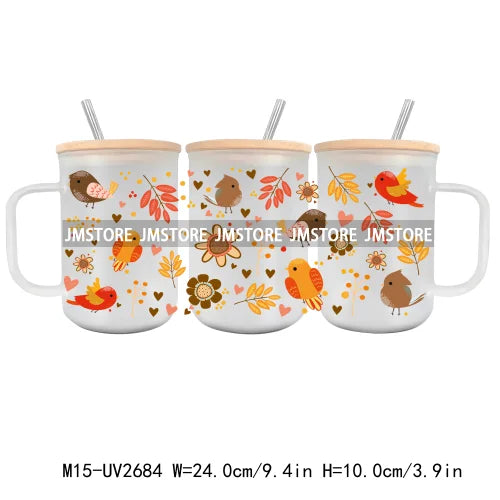 Floral Wildflowers Plants Butterfly UV DTF Glass Can Wrap For 15OZ Mug Coffee Cup Transfer Stickers DIY Custom Logo Labels