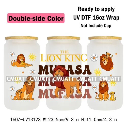 Double Side Color Cartoon Lion UV DTF Cup Wrap Transfer Stickers For 16oz Libbey Glass Beer Selfadhesive Waterproof Adhesive