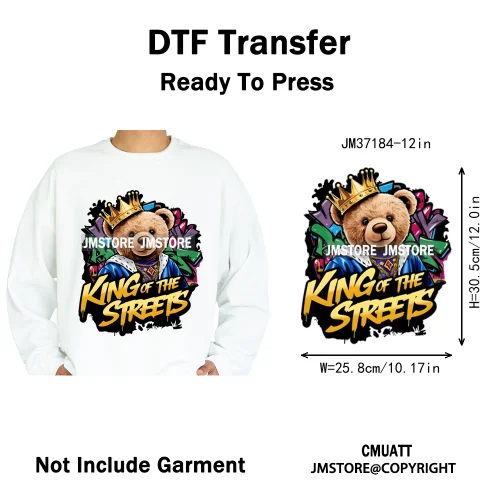 12in Street Snarl Savage Animal King Graffiti Urban Bear Bunny Cat Dog Iron on DTF Transfers Stickers Ready to Press for Clothes