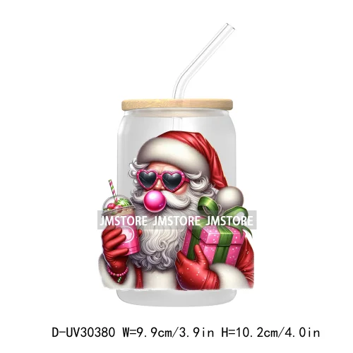 Retro Santa Christmas Blowing Bubble UV DTF Transfer Stickers Decals For Libbey Cold Cups Mugs Tumbler Waterproof Craft Xmas Mom