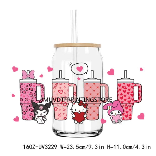 Cartoon Hello Girl Cat Valentine's Day UV DTF Sticker For 16OZ Libbey Glass Cup Can Wrap Transfer Sticker Custom Labels DIY Logo