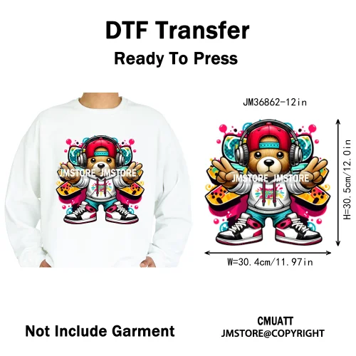 12in Hip Hop Vibes Urban Style Rich Bear With Gold Chains King Animal Iron on DTF Transfers Stickers Ready to Press for Textile