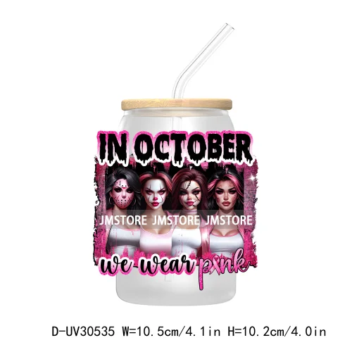 In October We Wear Pink UV DTF Transfers Stickers Decals For Libbey Cold Cups Mugs Tumbler Waterproof Craft Horror Movie Sisters