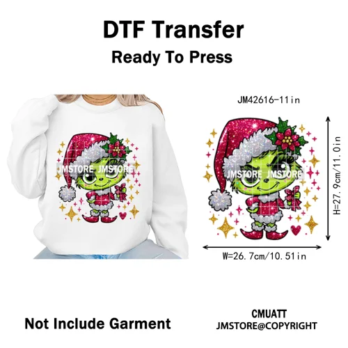 Faux Glitter Cartoon Christmas Movie Green Santa Kid Girly Xmas Iron on DTF Washable Transfer Sticker Ready to Press for Textile