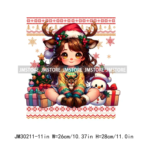 Cute Princess Red Ugly Sweater Cartoon Girls Friends Merry Christmas Iron On DTF Transfers Stickers Ready To Press For Clothing