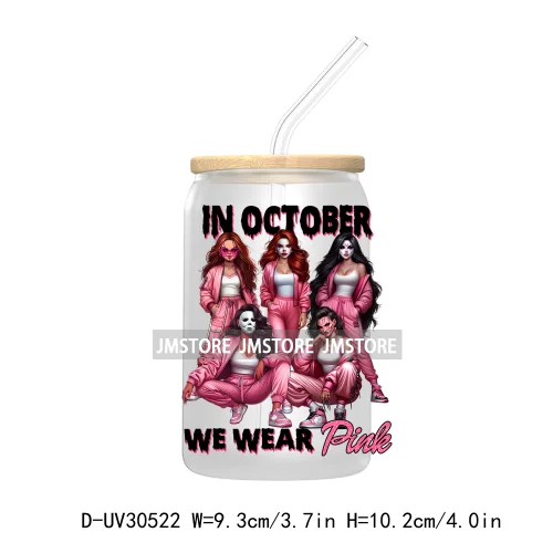 In October We Wear Pink UV DTF Transfers Stickers Decals For Libbey Cold Cups Mugs Tumbler Waterproof Craft Horror Movie Sisters