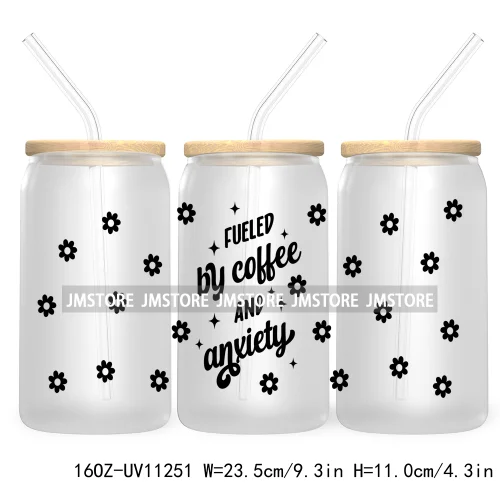 Trendy Coffee And Books Reading Floral Flowers 16OZ UV Cup Wrap DTF Transfer Stickers For Libbey Glass Can Cups Tumbler Labels