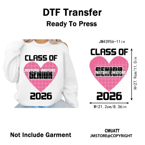 College Mega Senior 2K26 Coquette Class of 2026 Iron on Washable DTF Heat Transfers Stickers Ready to Press for Textiles Bags