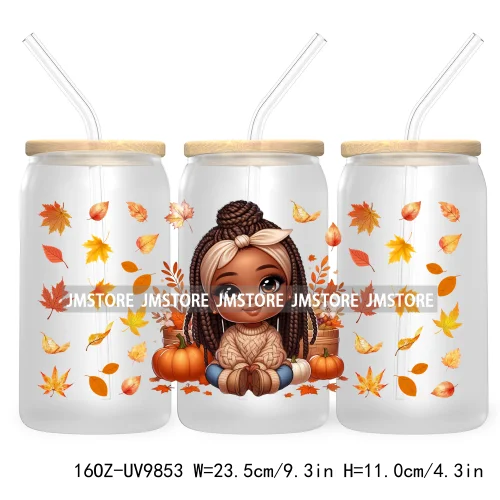 Afro African Girl 16OZ UV Cup Wrap DTF Transfer Stickers For Libbey Glass Can Cups Tumbler Fall Season Autumn Waterproof Labels