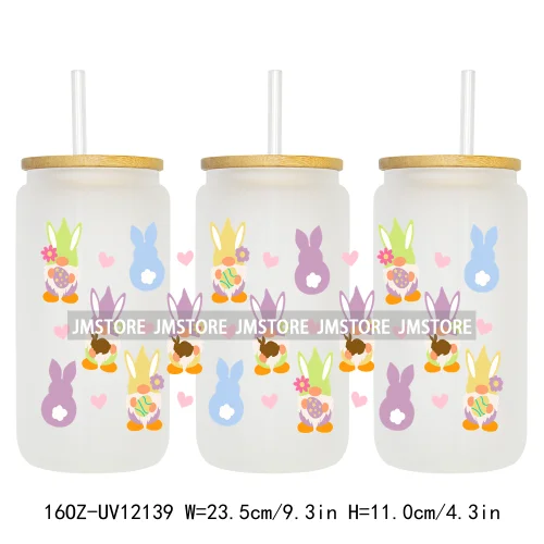 Retro Easter Bunny Rabbit Eggs Flowers 16OZ UV Cup Wrap DTF Transfer Stickers For Libbey Glass Can Cup Tumbler Waterproof Labels