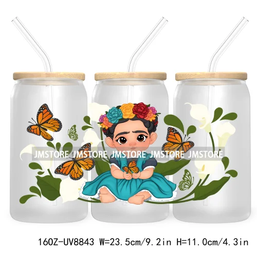 Mexican Butterfly Flowers 16OZ UV DTF Cup Wrap Transfer Sticker Custom Label Waterproof Logo For Libbey Glass Can Latina Culture