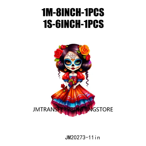 Cute Doll La Catrina Day Of The Dead Sugar Skull Mexican Halloween Iron On DTF Transfer Stickers Ready To Press For Hoodies Bags