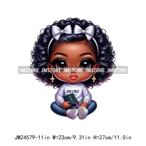 Cute God First Chibi Black Baby Girl Afro Magic Kids Coffee Woman Iron On DTF Transfer Stickers Ready To Press For Clothes Bags