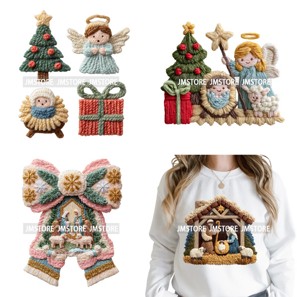 Trendy Faux Yarn Crochet Joy Love Jesus Christian Christmas Iron on DTF Washable Transfers Stickers Ready to Press for Textiles