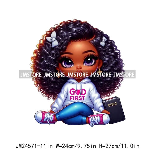 Cute God First Chibi Black Baby Girl Afro Magic Kids Coffee Woman Iron On DTF Transfer Stickers Ready To Press For Clothes Bags