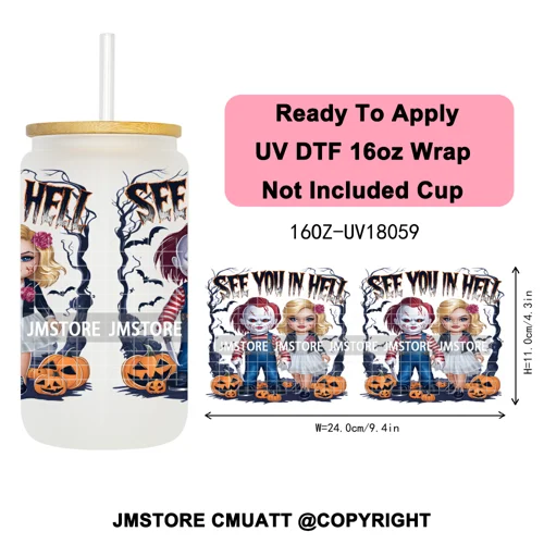 Scary Couple Halloween Villain UV DTF Cup Wrap Ready To Apply Transfer Stickers Durable 16OZ Tumbler Wraps For Libbey Glass Can