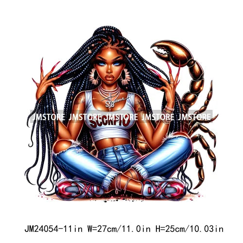 Hip Hop Afro Girl Zodiac Horoscope Signs Astrology Mystical Black Women Iron On DTF Heat Press Transfer Stickers For Clothing