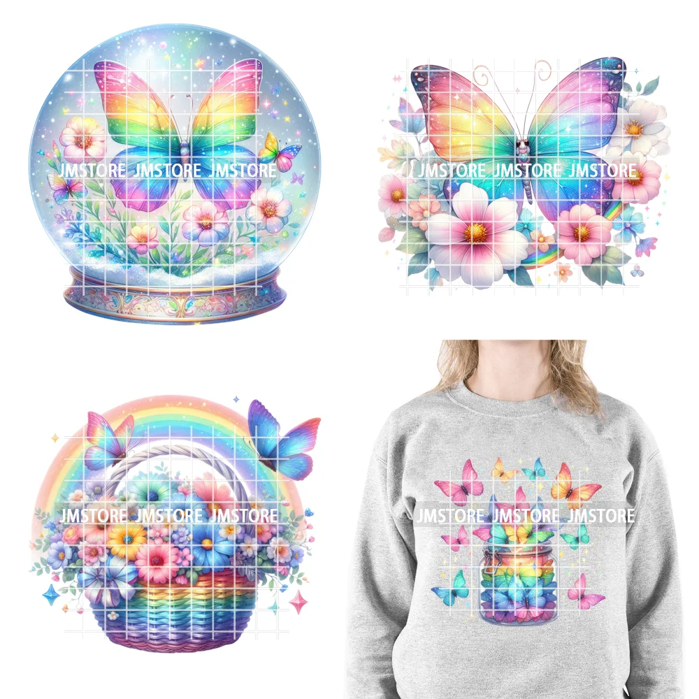 Colorful Sparkling Rainbow Butterflies Flowers Lovers Washable Iron on DTF Transfers Stickers Diy Ready to Press for Clothes