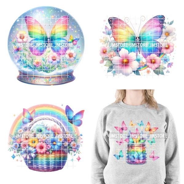 Colorful Sparkling Rainbow Butterflies Flowers Lovers Washable Iron on DTF Transfers Stickers Diy Ready to Press for Clothes