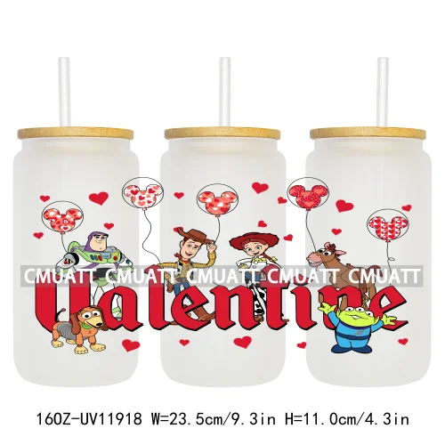 Cartoon Pink Sweet Happy Valentine‘s Day Kids Love Characters UV DTF Stickers Cup Wraps Logos For 16OZ Libbey Glass Can