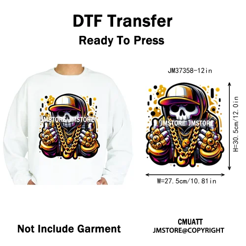 12in Colorful Graffiti Streetwear Skeleton Game Over Iron on DTF Thermal Transfers Stickers Printing Ready to Press for T-shirts