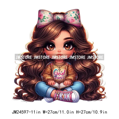 God First Chibi Cute Brown Hair Latina Dolls Baby Girls Coquette Bow Iron On DTF Transfer Stickers Ready To Press For Hoodies