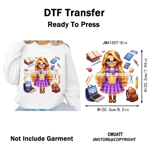 Cartoon Movie Friends Princess Back to School Teacher Learn Iron on DTF Washable Transfer Sticker Ready to Press for Kid Hoodies