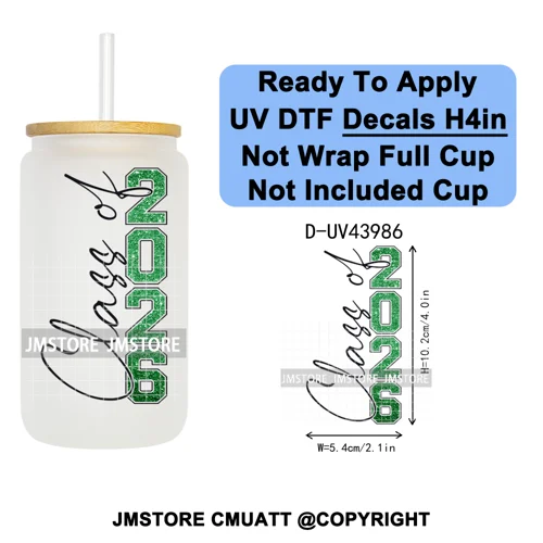 Faux Glitter Senior 2026 School UV DTF Decals Ready To Apply Waterproof Transfer Stickers DIY Crafts For 16OZ Libbey Glass Can