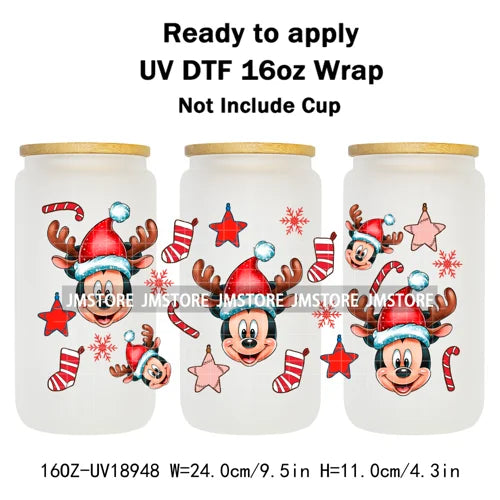 Festive Mouse Christmas Candy Cane 16OZ UV DTF Cup Wraps Ready To Apply Waterproof Transfer Stickers For Libbey Glass Can Bottle
