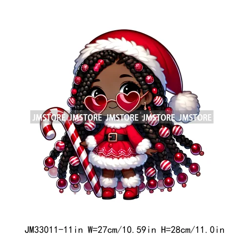 Fashion Black Santa Girls Candy Cane Afro Kids Christmas Season Iron On DTF Transfers Stickers Ready To Press For Sweatshirts