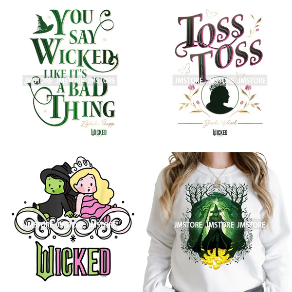 Pink and Green Magic Broomstick Witches Movie Fans Iron on Washable DTF Heat Transfers Stickers Ready to Press for Sweatshirts