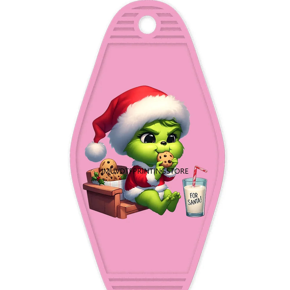 Christmas Cute Baby Green Guy With Santa Hat Gifts High Quality WaterProof UV DTF Sticker For Motel Hotel Keychain