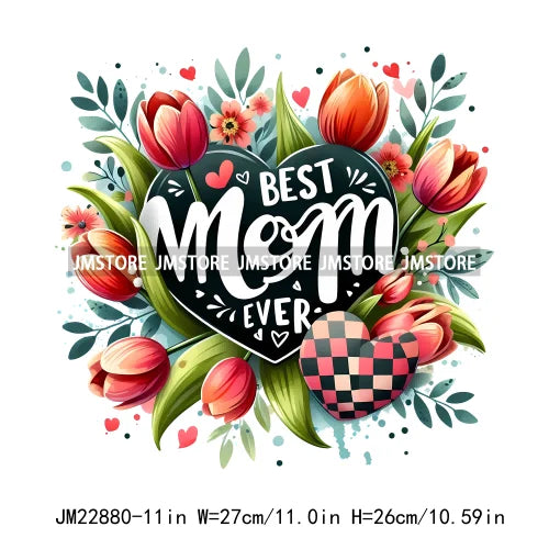 Best Mom Ever Floral Heart Iron On Logos Mother's Day Leopard Mama DTF Printing Transfer Stickers For Clothing