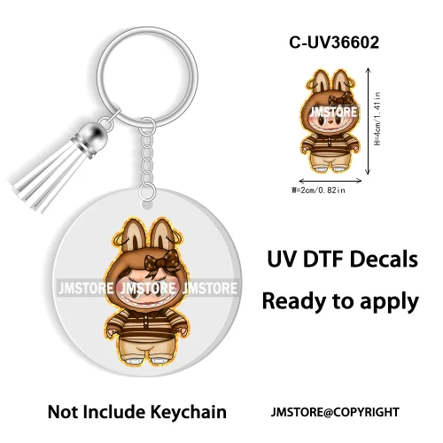 Coquette Bow Cartoon Monsters Doll In Costume Decal Round Keychain Ready To Apply UV DTF Transfer Stickers For Circle Keychain