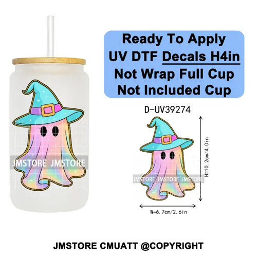 Iridescent Ghost Pumpkin Coquette Halloween UV DTF Transfer Stickers Decals Ready To Apply Waterproof For 16OZ Libbey Glass Can