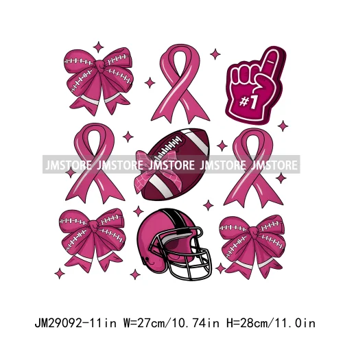 Coquette Football Bow Pink Out Tackle Breast Cancer Awareness Ribbon Iron On DTF Transfer Stickers Ready To Press For Clothing