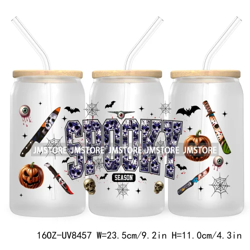 Halloween Characters 16OZ UV DTF Cup Wrap Transfer Sticker Custom Label Waterproof Logo For Libbey Glass Can Spooky Horror Movie