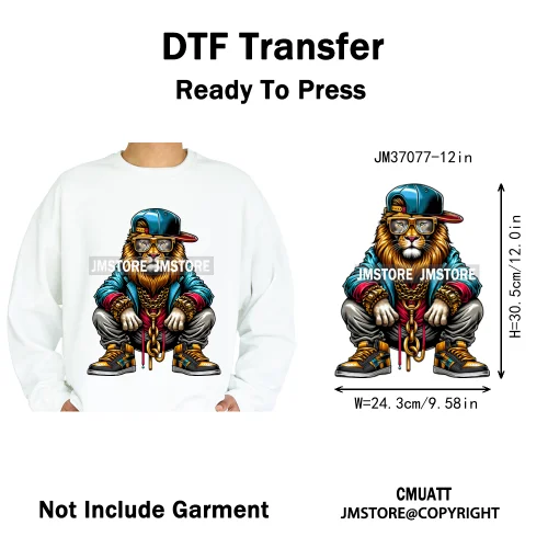 12in Urban Gangster Rich Money Lion Beats Shark Vibes Iron on DTF Thermal Transfers Stickers Ready to Press for T-shirts Bags