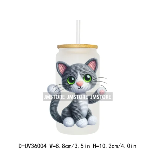 Watercolor Knitted Cute Animals UV DTF Transfer Stickers Decals Ready To Apply Waterproof For 16OZ Libbey Glass Can Cups Tumbler
